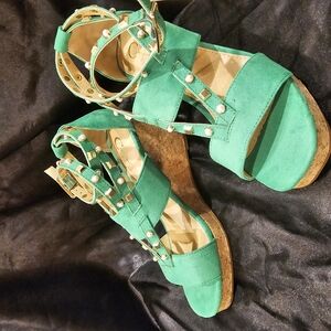 Green Strappy Wedge Sandals